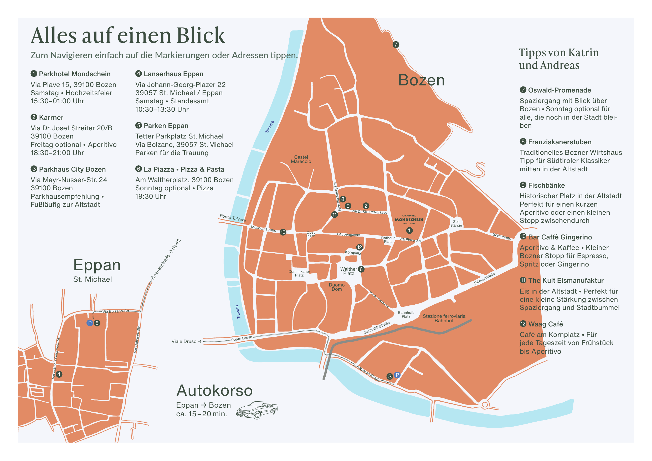 Interaktive Karte Bozen und Eppan mit Adressen, Tipps und klickbaren Markierungen