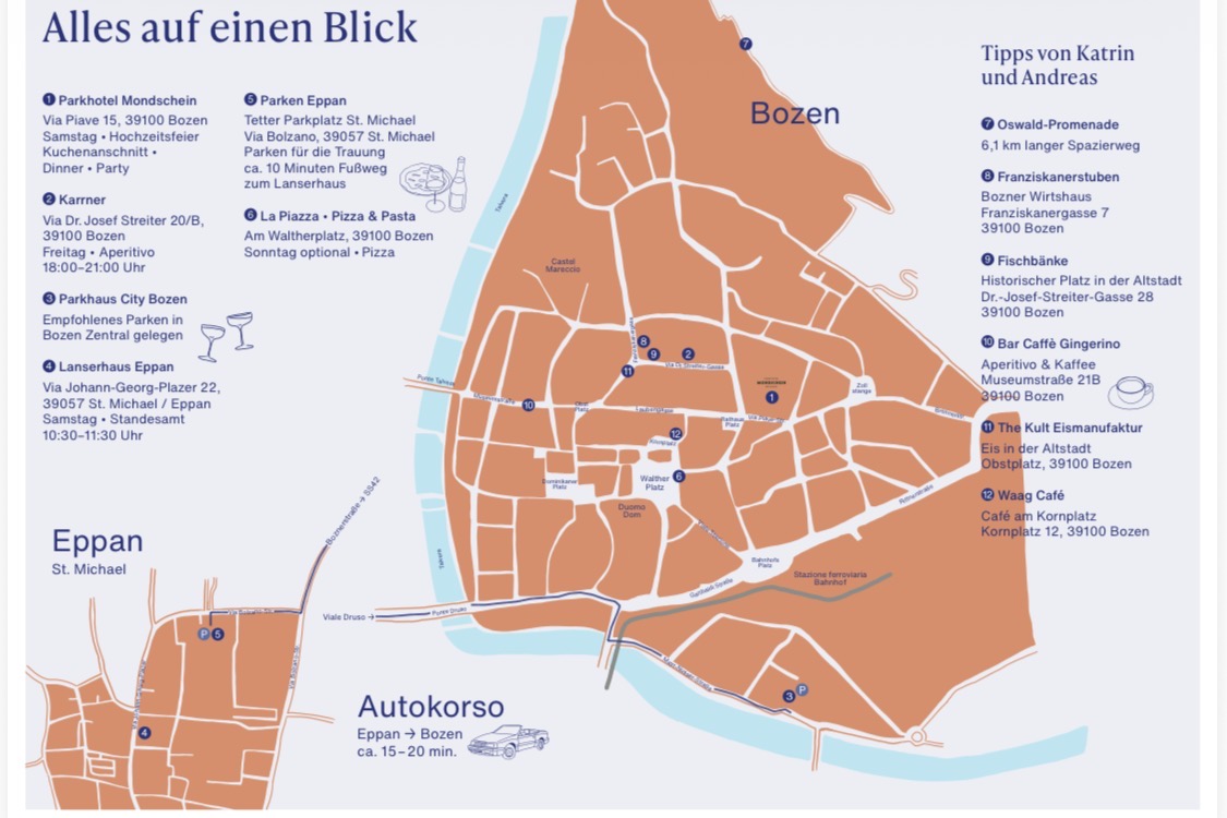Übersichtskarte Bozen und Eppan mit Adressen zur Hochzeit von Katrin und Andreas